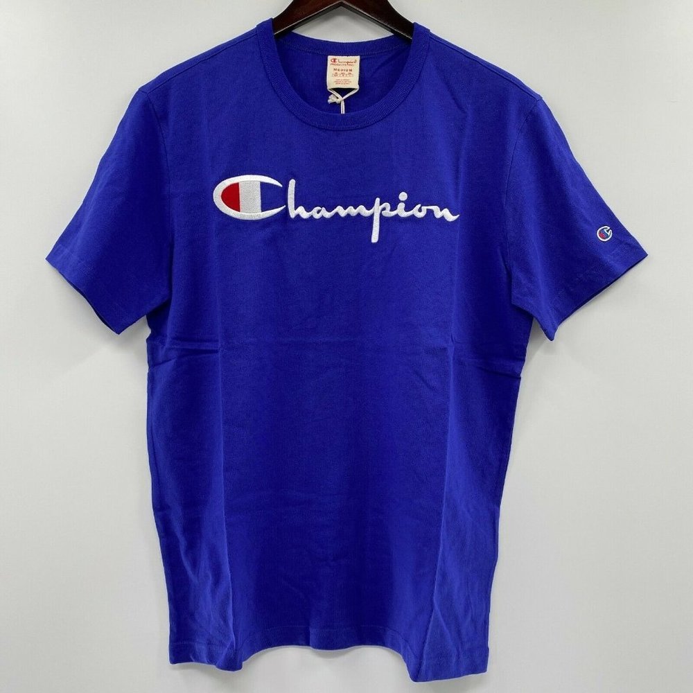 Champion Men's Big Script Crew Neck T-Shirt Reverse Weave Blue Jay sz S NWT